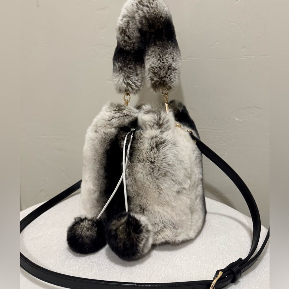 Handmade 2 Tone Real Rex Rabbit Fur Drawstring Bucket Bag,Includes 2 Straps